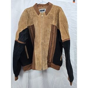 TUSKANY Mens Genuine Leather Suede Bomber Jacket 3XL Tan‎ Black Aztec